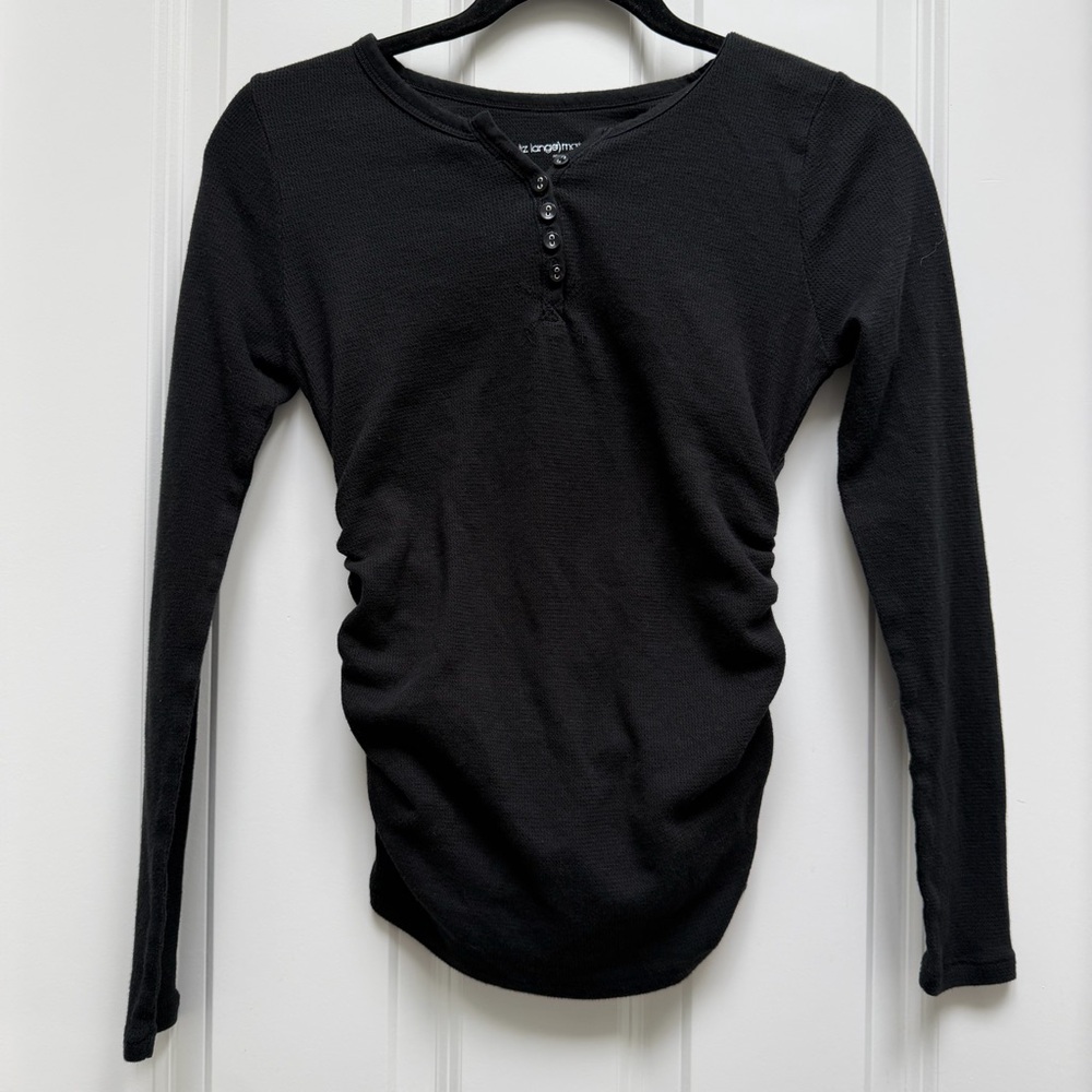 LIZ LANGE MATERNITY LONG SLEEVE WAFFLE KNIT SHIRT BLACK XS